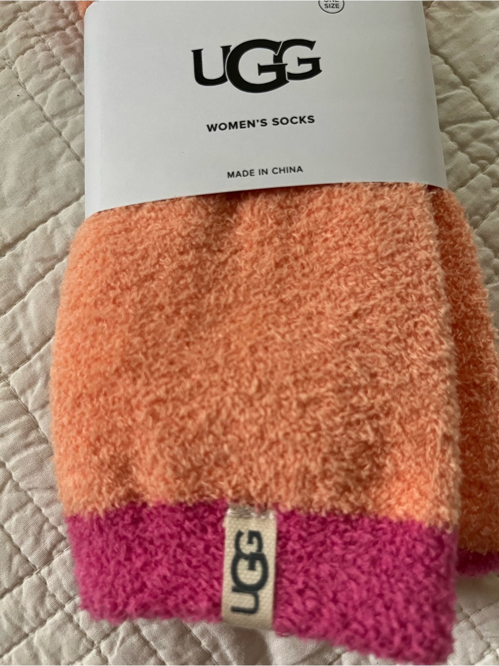 UGG Women's Fuzzy Cree Socks in Peach and Magenta with grips - Picture 3 of 7